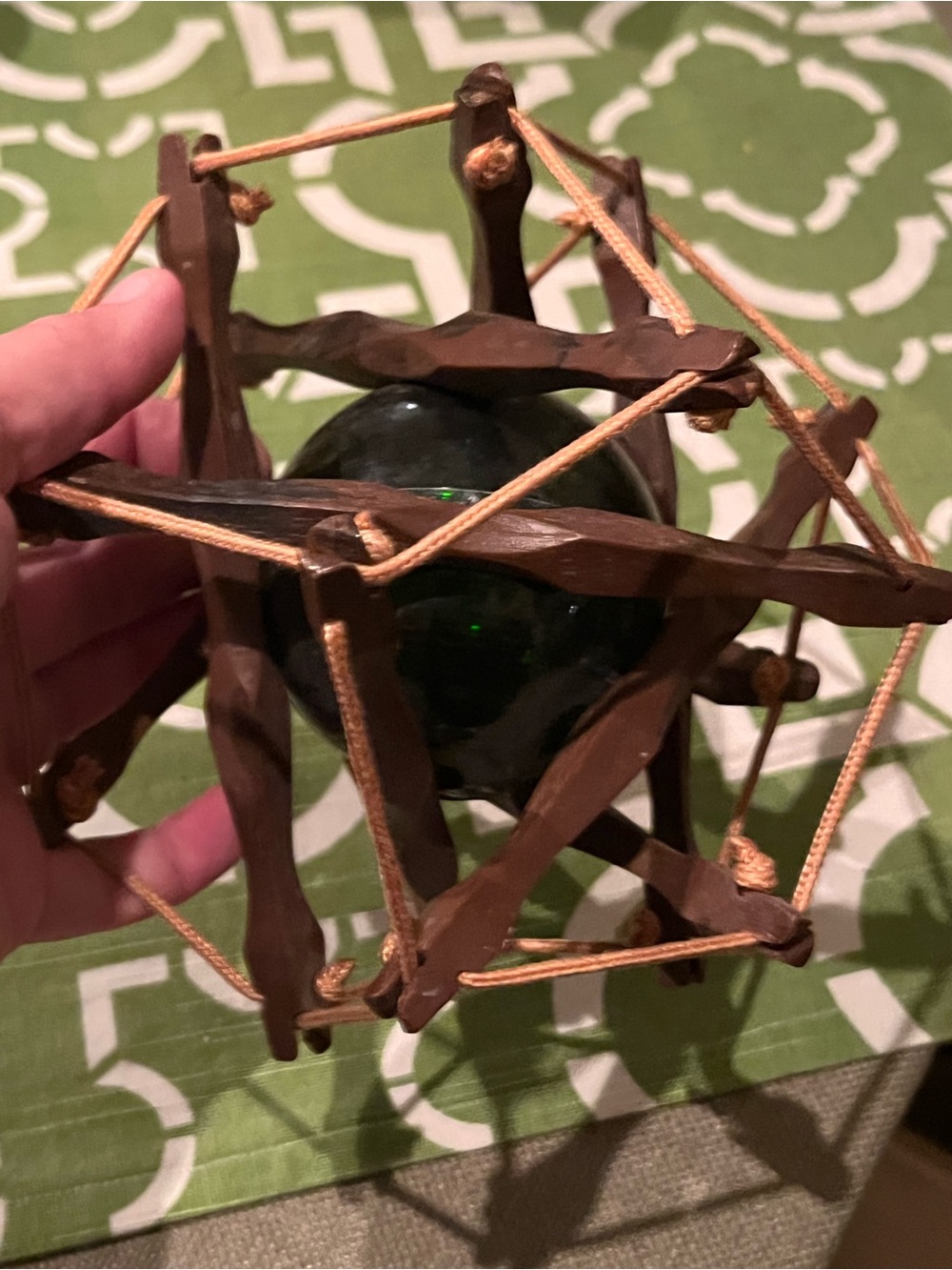 Handcrafted Wood and Green Glass Decorative Orb | Home Accents